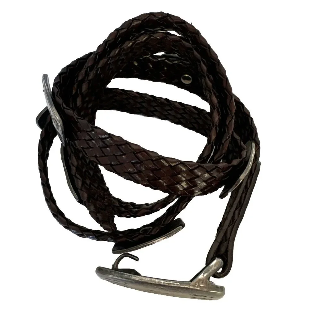 Women's Leather Belt Snake Brown Braided Made Italy Metal Details 37’